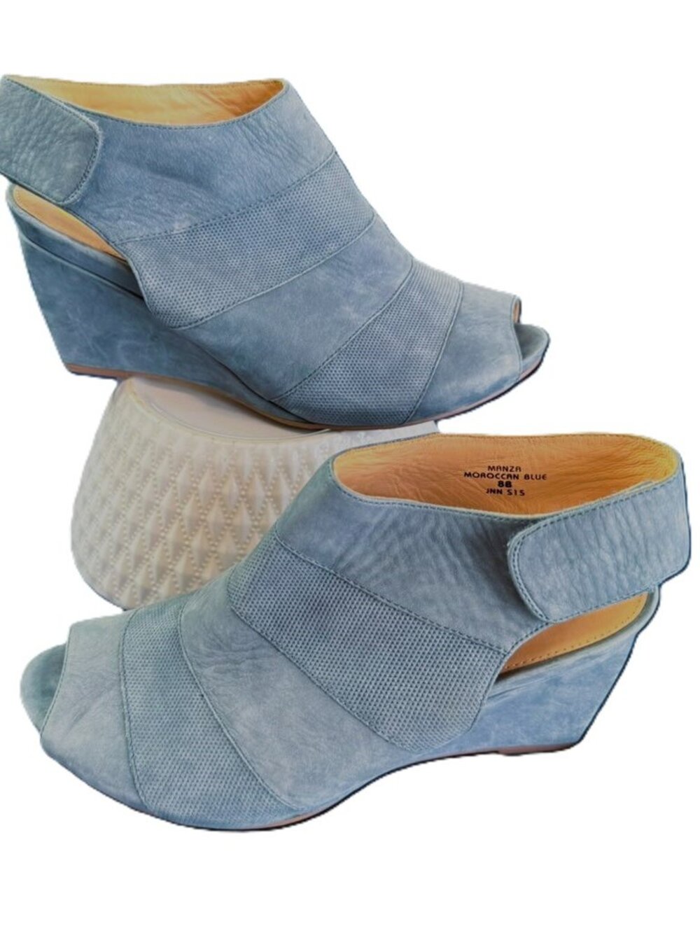Earthies Manza Leather Suede Moroccan Blue Women Slingback Peep Toe Wedge Heels